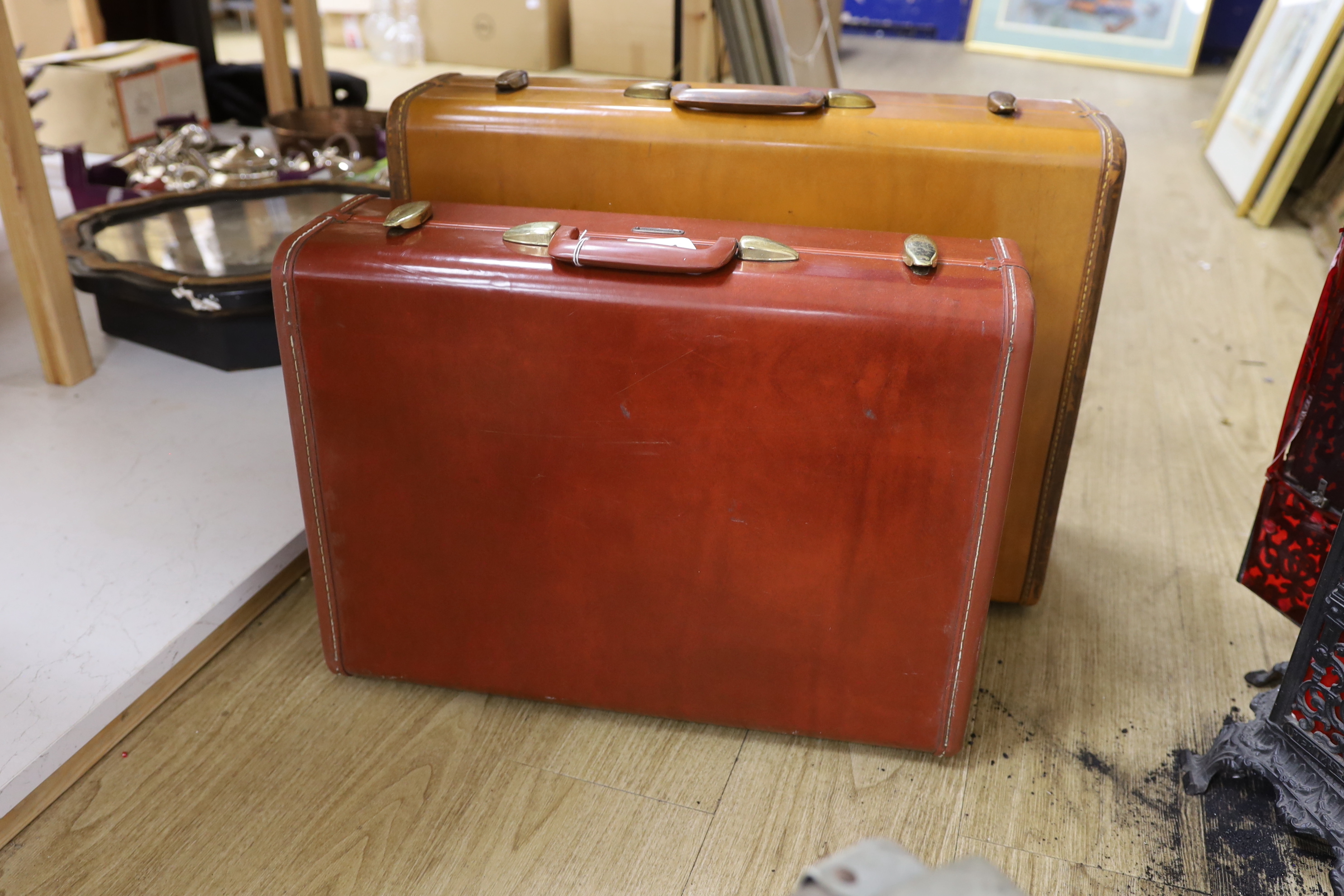 Two Samsonite suitcases and a West Kent Laundry box